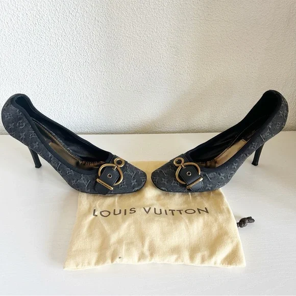 Louis Vuitton Vintage Monogram Canvas Black Gray Buckle Heels Pumps Size EU 39.5 - Picture 3 of 15